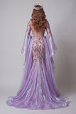 Robe de concours longue sirène à manches évasées lavande scintillante