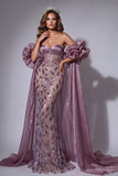 Robe de concours vintage scintillante en corset mauve en forme de sirène à longues perles et volants avec une cape