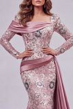 Robe de concours à manches longues en sirène perlée avec cape latérale