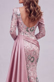 Robe de concours à manches longues en sirène perlée avec cape latérale