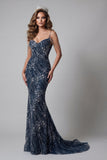 Robe de concours longue sirène bleu marine scintillante à épaules froides avec perles