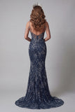 Robe de concours longue sirène bleu marine scintillante à épaules froides avec perles