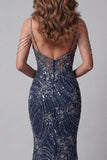 Robe de concours longue sirène bleu marine scintillante à épaules froides avec perles