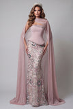 Robe de concours de beauté scintillante rose bustier sirène sans bretelles à longues perles avec cape