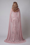 Robe de concours de beauté scintillante rose bustier sirène sans bretelles à longues perles avec cape