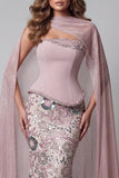 Robe de concours de beauté scintillante rose bustier sirène sans bretelles à longues perles avec cape