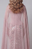 Robe de concours de beauté scintillante rose bustier sirène sans bretelles à longues perles avec cape