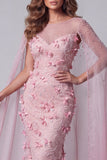 Robe longue de concours à col bateau rose scintillante à col en bateau fleuri perlée avec cape