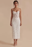 Dendelle blanche à bretelles fines Bodycon Corset Midi robe de remise de diplôme