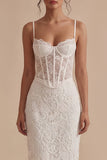 Dendelle blanche à bretelles fines Bodycon Corset Midi robe de remise de diplôme