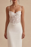 Robe de remise de diplôme corset blanche à bretelles fines longueur cheville avec dentelle
