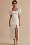 Robe de remise de diplôme midi midi en satin blanc à col carré