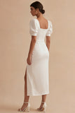 Robe de remise de diplôme midi midi en satin blanc à col carré