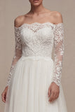 Robe de mariée blanche à manches longues florales A Line avec dendelle