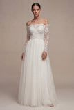 Robe de mariée blanche à manches longues florales A Line avec dendelle