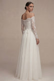 Robe de mariée blanche à manches longues florales A Line avec dendelle