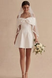 Robe de remise de diplôme courte en satin blanche à épaules décollées avec un nœud
