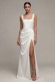 Robe de fiançailles blanche à col carré et froissée Maxi avec fente