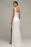 Robe de fiançailles blanche à col carré et froissée Maxi avec fente