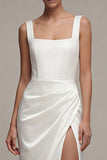Robe de fiançailles blanche à col carré et froissée Maxi avec fente