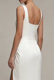 Robe de fiançailles blanche à col carré et froissée Maxi avec fente
