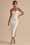 Robe de fiançailles longue bodycon, sans bretelles blanche, avec fente