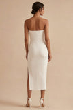Robe de fiançailles longue bodycon, sans bretelles blanche, avec fente