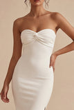 Robe de fiançailles longue bodycon, sans bretelles blanche, avec fente