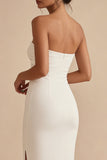 Robe de fiançailles longue bodycon, sans bretelles blanche, avec fente