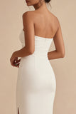Robe de fiançailles longue bodycon, sans bretelles blanche, avec fente