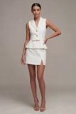 Robe courte d’affaires blanche à revers cranté en deux pièces simple boutonnage avec ceinture