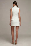 Robe courte d’affaires blanche à revers cranté en deux pièces simple boutonnage avec ceinture