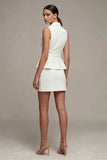 Robe courte d’affaires blanche à revers cranté en deux pièces simple boutonnage avec ceinture