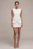 Robe d’affaires courte blanche à col rond à une seule poitrine