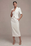 Robe d’affaires blanche à boutonnage simple en deux pièces, revers à crante, longue robe d’affaires avec poches