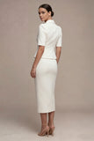 Robe d’affaires blanche à boutonnage simple en deux pièces, revers à crante, longue robe d’affaires avec poches