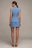 Robe d’affaires courte à boutonnage simple bleu acier en 2 pièces à coupe ajustée