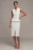 Robe d’affaires blanche midi 2 pièces à revers cranté, simple boutonnage avec fente
