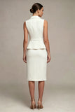 Robe d’affaires blanche midi 2 pièces à revers cranté, simple boutonnage avec fente