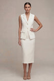 Robe d’affaires blanche midi à boutonnage simple 2 pièces à revers cranté avec fente dans le dos