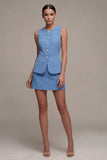 Robe d’affaires bleue acier à col rond en deux pièces, courte boutonne, simple