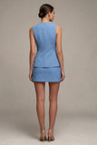 Robe d’affaires bleue acier à col rond en deux pièces, courte boutonne, simple