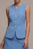 Robe d’affaires bleue acier à col rond en deux pièces, courte boutonne, simple