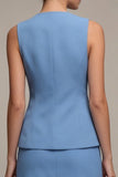 Robe d’affaires bleue acier à col rond en deux pièces, courte boutonne, simple