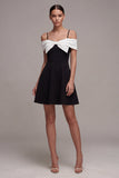 Robe cocktail en ligne A à épaules froides noire et blanche avec nœud