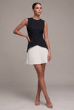 Robe cocktail à col rond noir et blanc A Line avec plis