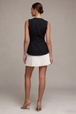 Robe cocktail à col rond noir et blanc A Line avec plis