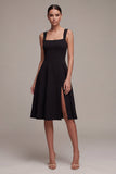 Robe formelle Midi A Line à col carré noir avec fente