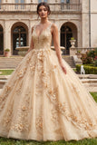 Robe de bal champagne à col V appliqué avec une robe de quinceañera