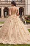 Robe de bal champagne à col V appliqué avec une robe de quinceañera